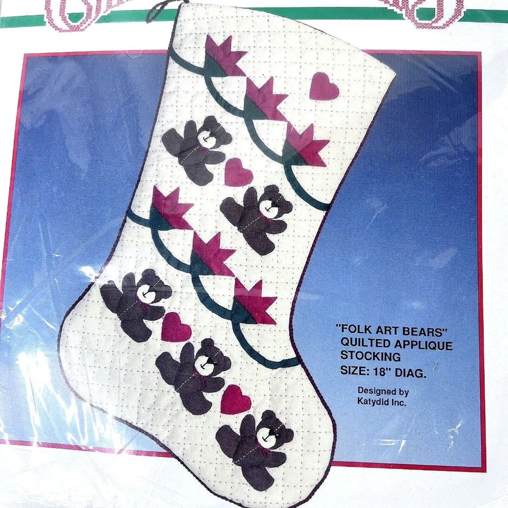 Bucilla Folk Art Bears Quilted‎ Christmas Stocking Kit Appliqué 18” 82516 Teddy